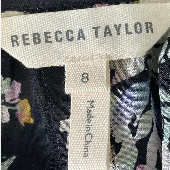 Rebecca Taylor Black Silk Floral Bouquet Keyhole Neck Long Sleeve Top Size 8 - Picture 8 of 11